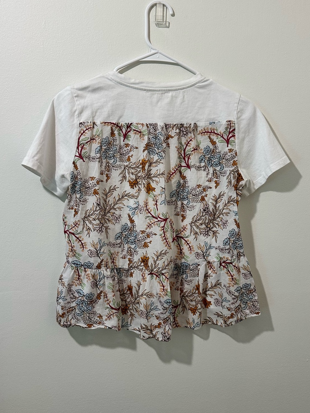 Maje White Short Sleeve Top with Blue and Brown Floral Back